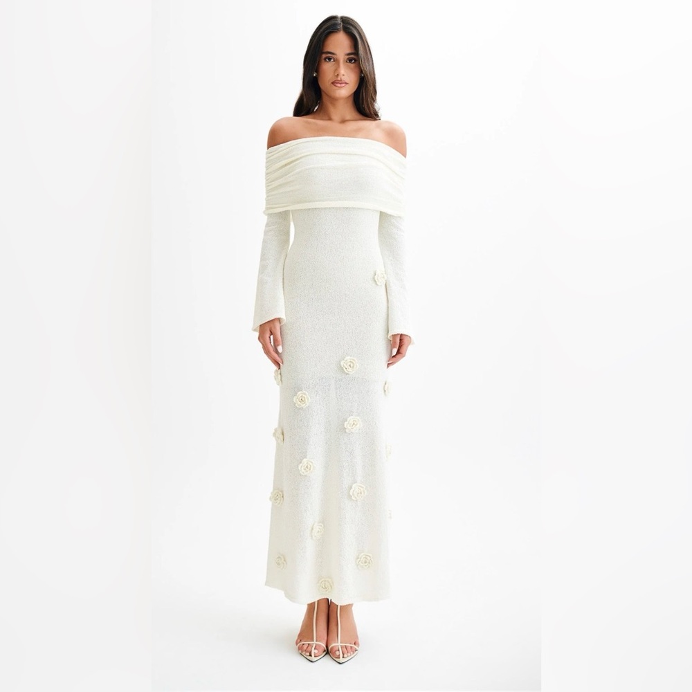 Meshki Kiki Off Shoulder Knit Rose Maxi Dress - Ivory